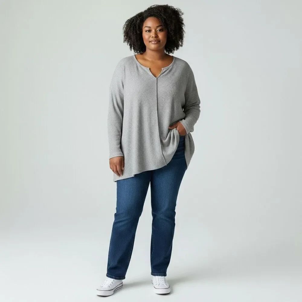 Solid Gray V neck Long Sleeve Pullover Stretchy Distressed Blouse Size XL